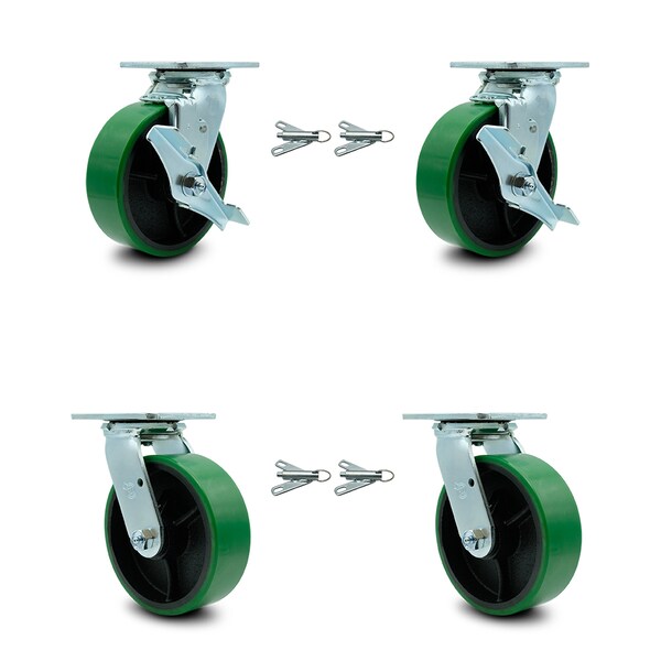 Service Caster 6 Inch Green Poly on Steel Caster Set with Roller Bearings 4 Swivel Lock 2 Brake SCC-30CS620-PUR-GB-TLB-BSL-2-BSL-2 - main